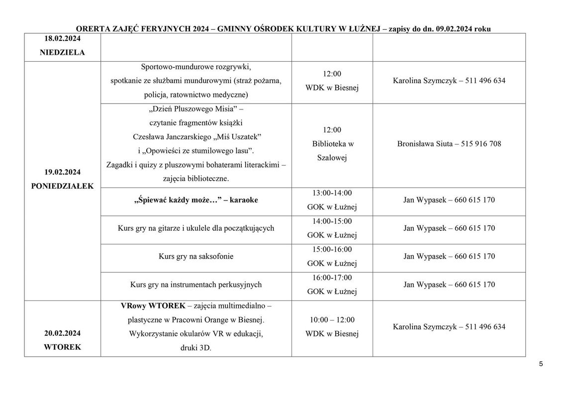 Ferie zimowe 2024 w gminie Łużna halogorlice info