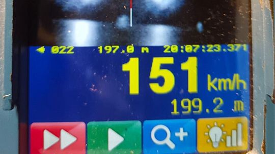 Zdjęcie przedstawia ekran radaru policyjnego z prędkością 151 km/h