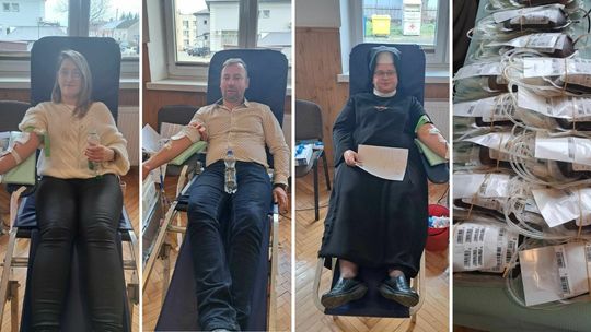 trzy osoby leżące na fotelach oddające krew