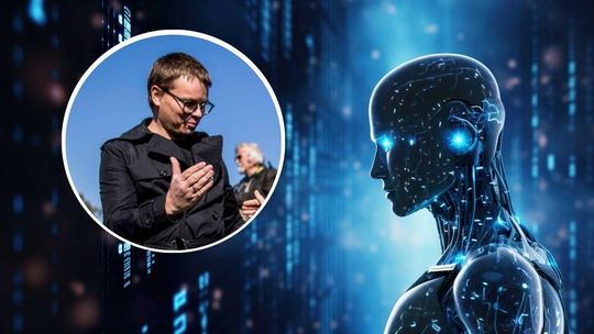 zdjęcie przedstawia mężczyznę w płaszczu obok cyfrowa postać