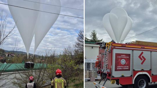 zdjęcie przedstawia balon i strażaków, obok samochód strażacki