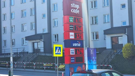 zdjęcie przedstawia tablicę świetlną z cenami paliw na stacji