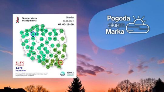 niebo o poranku, na pierwszym planie mapa temperatur w Polsce