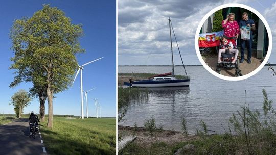 zdjęcie przedstawia jadących drogą rowerzystów, w tle duże drzewo, obok jezioro i mały jacht