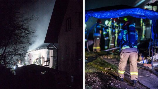 Dominikowice. Pożar w budynku mieszkalnym. Jeden z domowników był poszukiwany zdjęcie przedstawia strażaków przy domu z którego wydobywa się dym