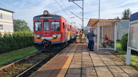 zdjęcie przedstawia pociąg na przystanku i strażaków stojących na peronie
