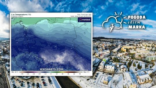 widok na centrum Gorlic z drona, na pierwszym planie mapa temperatury w Polsce