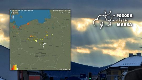 chmury nad Gorlicami na pierwszym planie mapa wyładowań atmosferycznych w Polsce