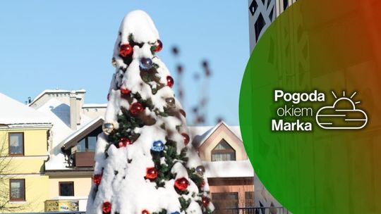 zdjęcie przedstawia choinkę z bańkami obsypaną śniegiem