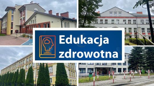 zdjęcie przedstawia budynki szkół w Gorlicach, przed nimi napis edukacja zdrowotna