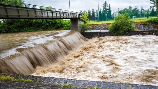 zdjęcie przedstawia wzburzoną rzekę płynącą pod mostem w Gorlicach