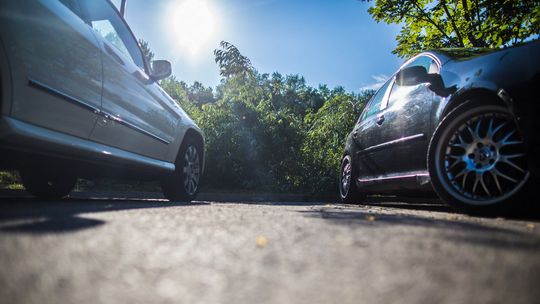 zdjęcie przedstawia dwa samochody na jezdni, przed nimi ścięte drzewa