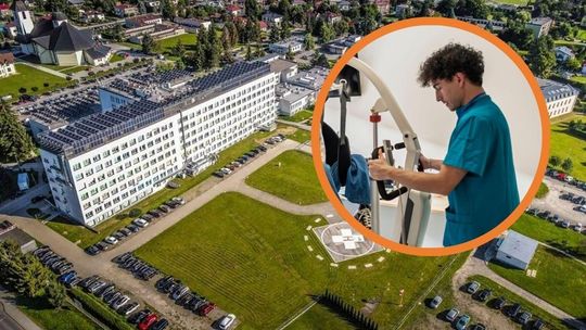 budynek szpitala widziany z góry, obok zdjęcie mężczyzny w fartuchu trzymającego uchwyt urządzenia medycznego