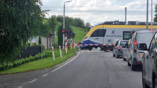 zdjęcie przedstawia pociąg na przejeździe