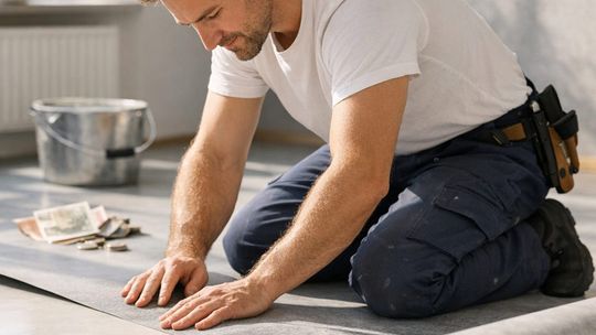 Ile kosztuje położenie i montaż wykładziny PCV? zdjęcie przedstawia mężczyznę klęczącego na podłodze trzymającego dłonie na panelach