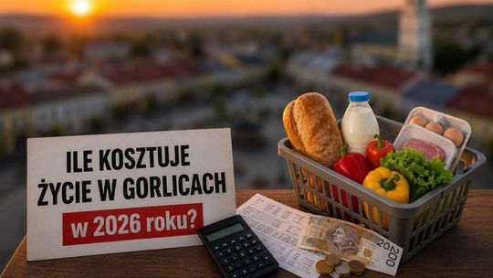 zdjęcie przedstawia Rynek w Gorlicach, koszyk z zakupami, pieniądze, kalkulator, paragon i tablice z napisem