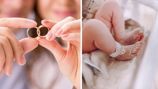 Zdjęcie przedstawia ślub i stopy bobasa