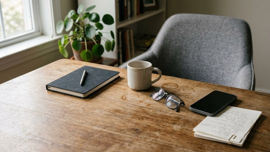 biurko, na którym leżą kalendarz, kubek, okulary, telefon i notes, przed biurkiem stoi fotel