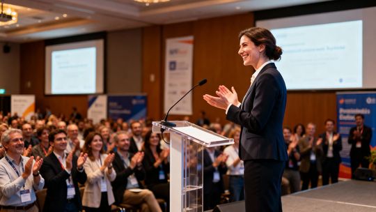 Jak wybrać salę konferencyjną na Mazurach? Najważniejsze kryteria wyboru zdjęcie przedstawia kobietę na scenie przed widownią