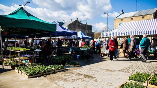 zdjęcie przedstawia plac targowy w mieście i ludzi między straganami