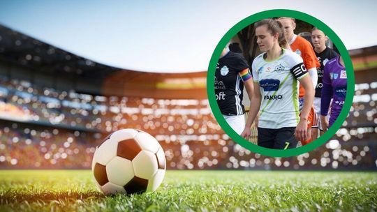 zdjęcie przedstawia stadion piłkarski, obok zdjęcie dziewczyny w stroju sportowym