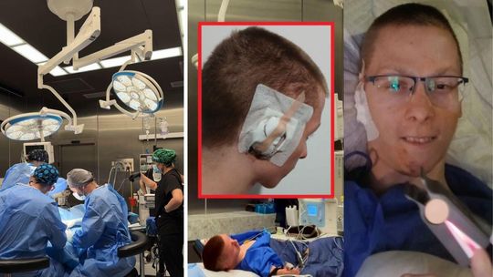 zdjęcie przedstawia chłopaka z opatrunkiem na uchu