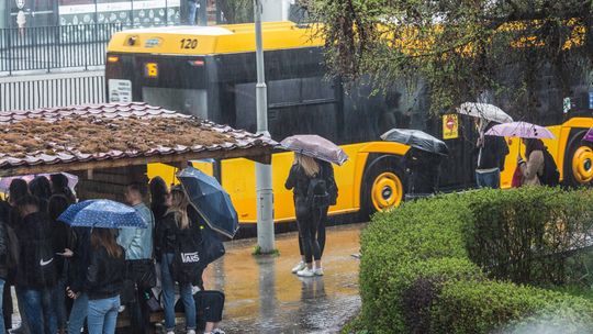 zdjęcie przedstawia przystanek autobusowy z czekającymi ludźmi pod parasolami
