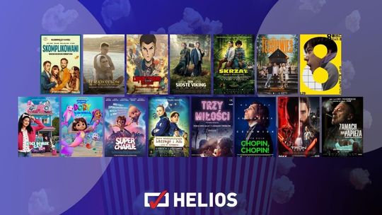 Zdjęcie przedstawia plakaty filmów wyświetlanych w kinie Helios w Nowym Sączu