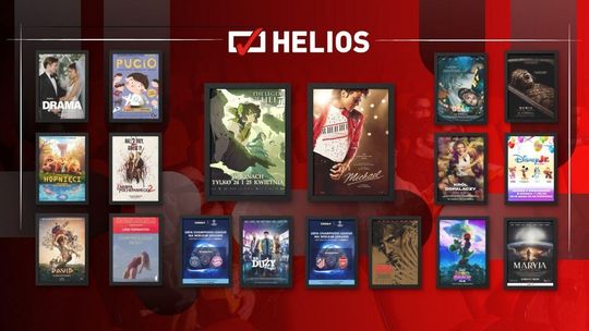 Zdjęcie przedstawia plakaty filmów wyświetlanych w kinie Helios w Nowym Sączu
