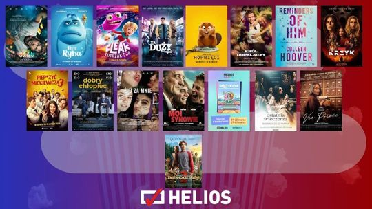 Zdjęcie przedstawia plakaty filmów wyświetlanych w kinie Helios w Nowym Sączu