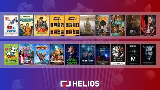 Zdjęcie przedstawia plakaty filmów wyświetlanych w kinie Helios w Nowym Sączu