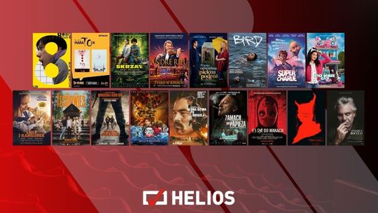 Zdjęcie przedstawia plakaty filmów wyświetlanych w kinie Helios w Nowym Sączu