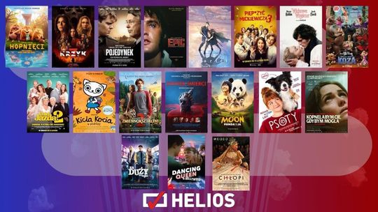 Zdjęcie przedstawia plakaty filmów wyświetlanych w kinie Helios w Nowym Sączu