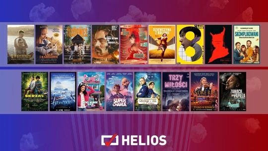 Zdjęcie przedstawia plakaty filmów wyświetlanych w kinie Helios w Nowym Sączu