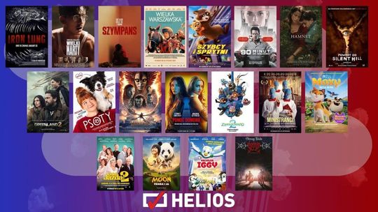Zdjęcie przedstawia plakaty filmów wyświetlanych w kinie Helios w Nowym Sączu