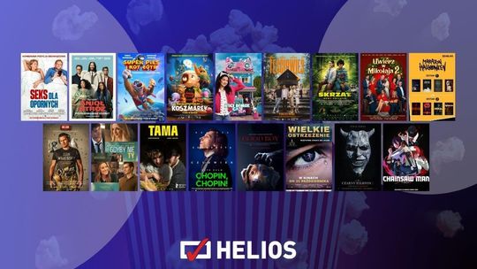 Zdjęcie przedstawia plakaty filmów wyświetlanych w kinie Helios w Nowym Sączu