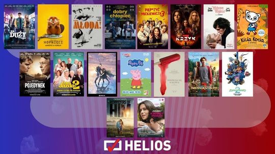 Zdjęcie przedstawia plakaty filmów wyświetlanych w kinie Helios w Nowym Sączu