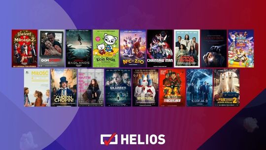 Zdjęcie przedstawia plakaty filmów wyświetlanych w kinie Helios w Nowym Sączu