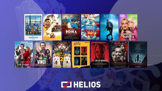 Zdjęcie przedstawia repertuar filmów wyświetlanych w kinie Helios w Nowym Sączu