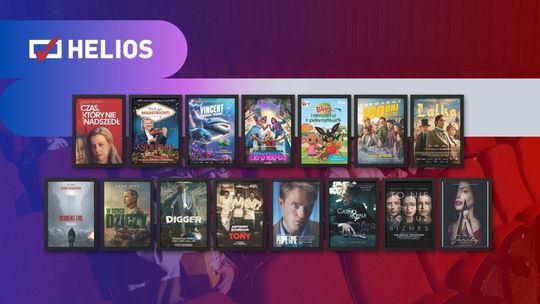 Zdjęcie przedstawia plakaty filmów wyświetlanych w kinie Helios w Nowym Sączu