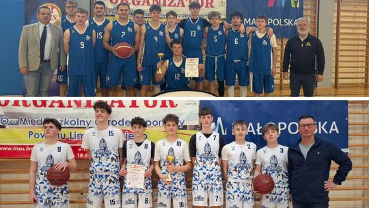 Koszykówka. Sukcesy gorlickich szkół na małopolskich parkietach zdjęcie przedstawia grupę chłopców w jednolitych koszulkach sportowych