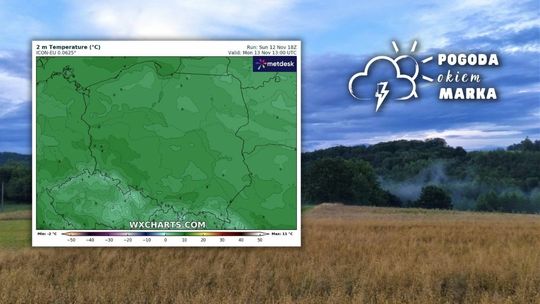 Mgły nad doliną w Beskidzie Niskim, na pierwszym planie mapa pogody Polski