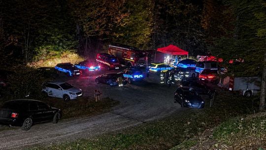 samochody policji i straży pożarnej na placu w środku lasu