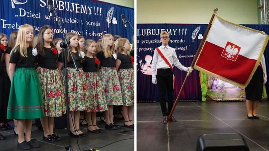 Zdjęcie przedstawia dzieci ze sztandarem