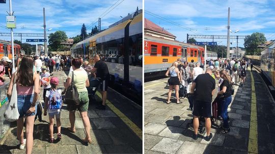 zdjęcie przedstawia ludzi na peronie między wagonami pociągu