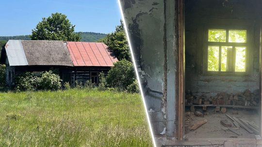zdjęcie przedstawia stary dom drewniany z zewnątrz, obok widok jednego z pomieszczeń