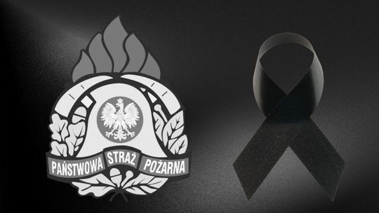 logo państwowej straży pożarnej i czarna wstążka