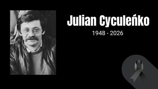 zdjęcie przedstawia czarno-białe zdjęcie mężczyzny i napis Julian Cyculeńko