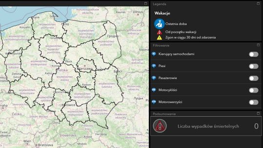 Mapa wypadków drogowych ze skutkiem śmiertelnym - wakacje 2023