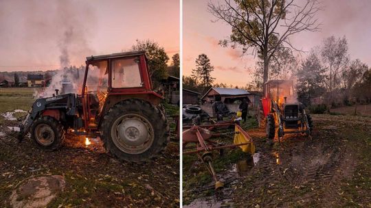 palący się ciągnik rolniczy